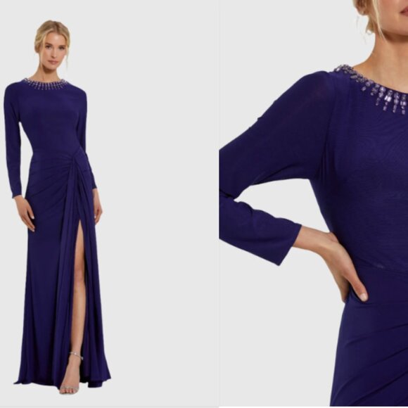MAC DUGGAL 44069 LONG SLEEVE JERSEY RUCHED BEADED NECK INDIDGO/PURPLE GOWN sz M - Picture 1 of 5